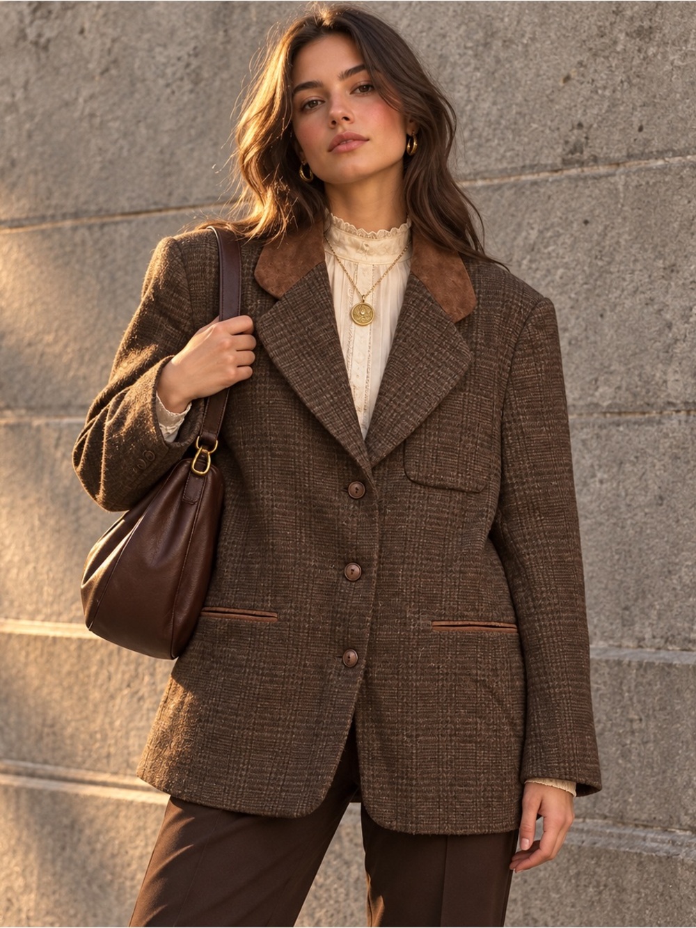 Vintage Express Wool Plaid Blazer Leather Collar Equestrian 90s L